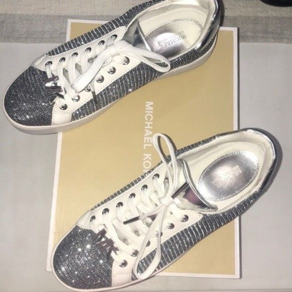 Michael Kors MK Poppy Sneaker 8.5M Lace Up Silver Glitter Mesh Metal NWB $165 😍